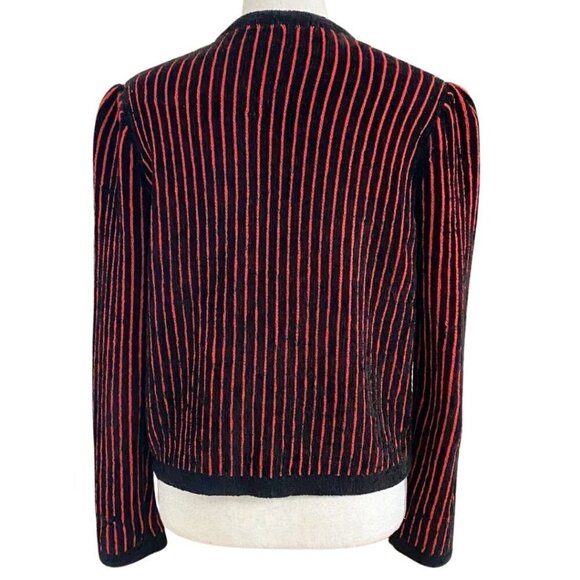 ST JOHN BY MARIE GRAY BLACK RED STRIPED CHENILLE KNIT CARDIGAN - Picture 3 of 9